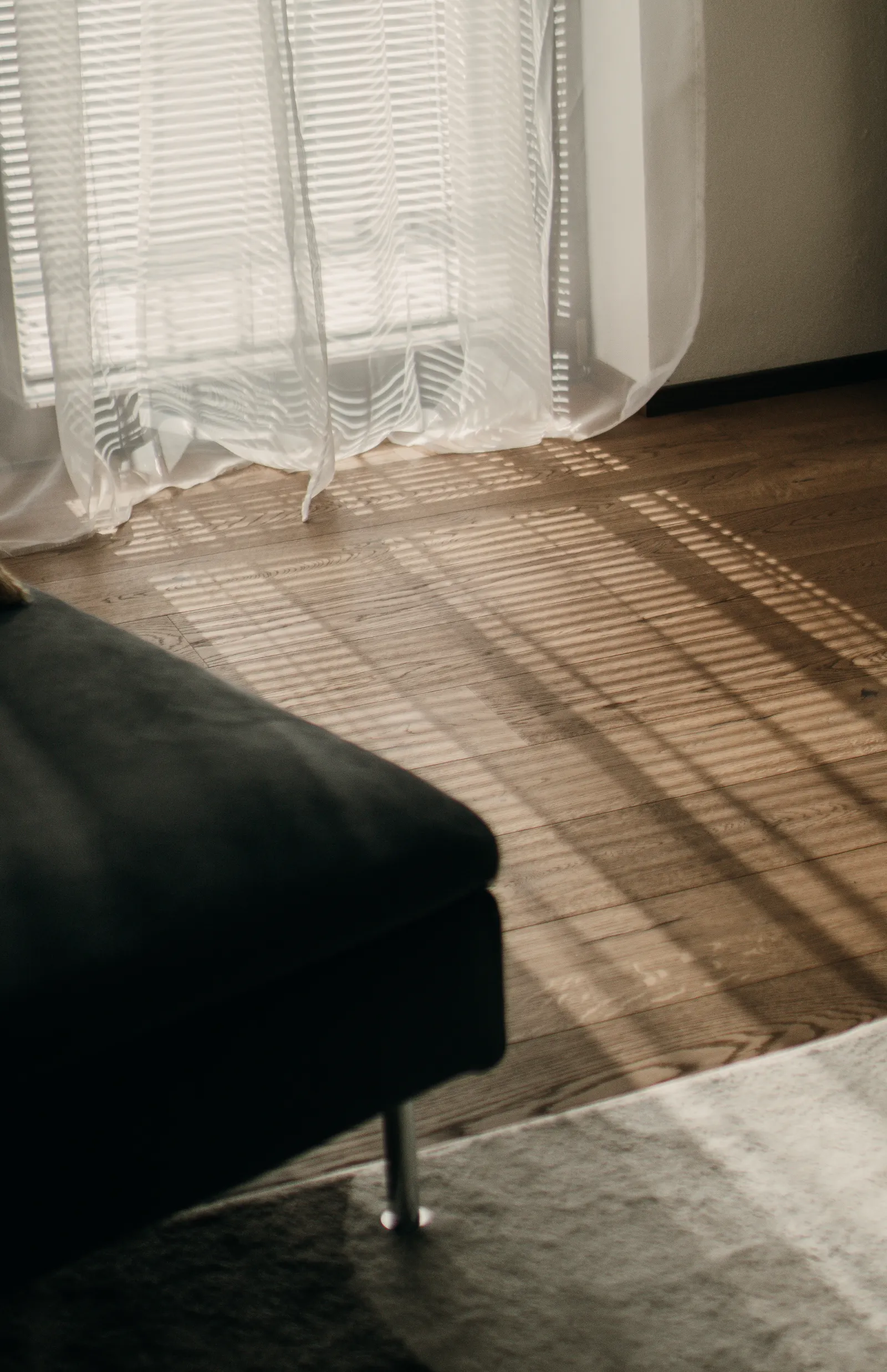 Dunkler Holzboden mit deutlichen Licht- und Schattenstreifen durch einen halbtransparenten Vorhang, im Vordergrund die Kante eines hellen Teppichs und ein dunkles Sofa