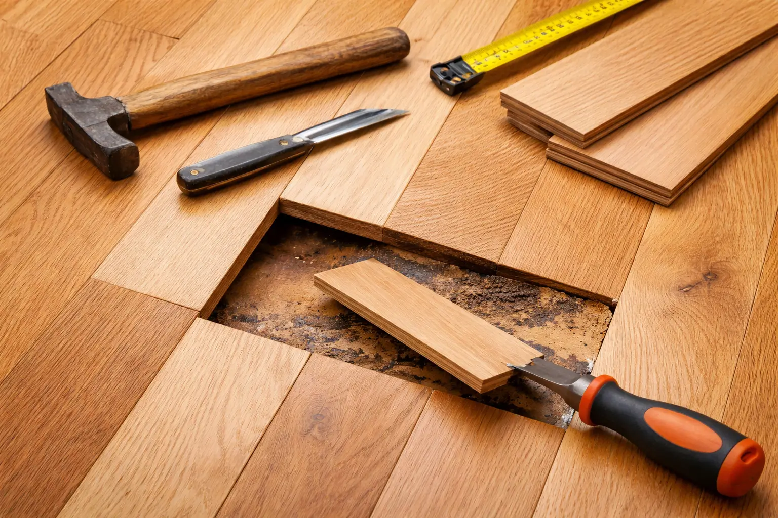 Parkett Reparatur, beschädigte Diele wird entfernt und durch neue Dielen ersetzt