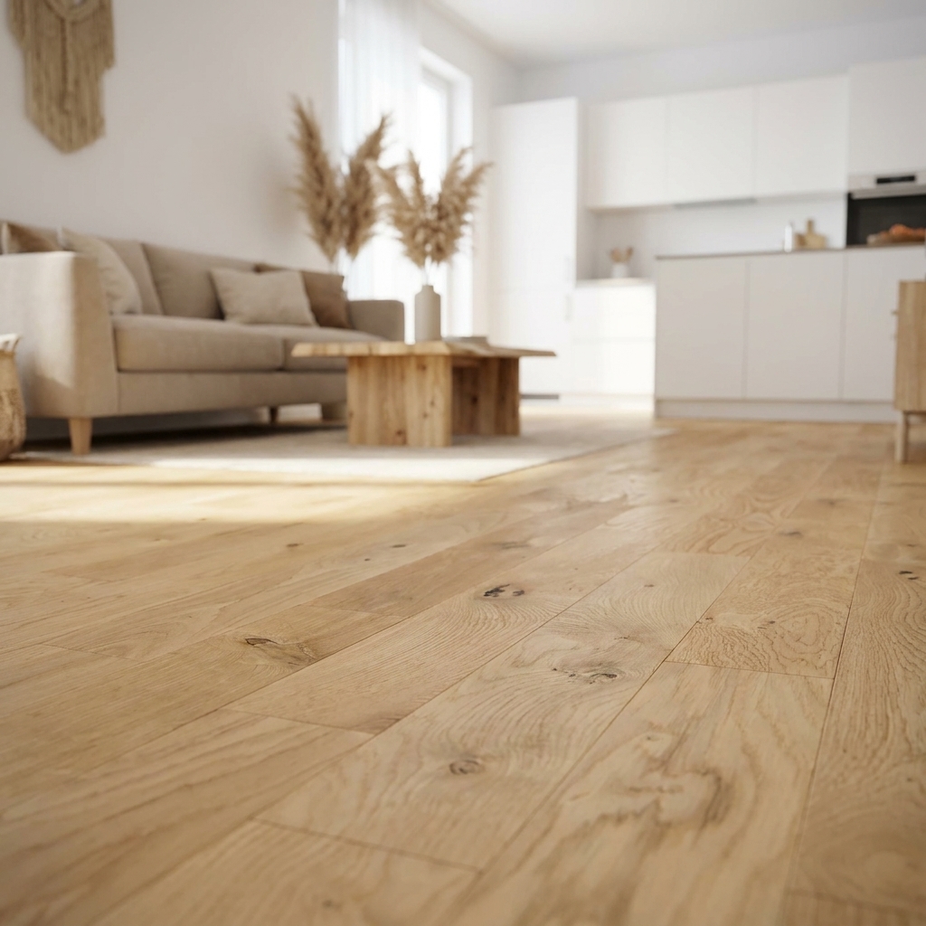 JOKA Massivholz 822 Stabparkett 22 mm umlaufend mit Nut und Feder – SDR80 Eiche Massiv Rustikal Roh 420 – Natürlicher Massivholzboden