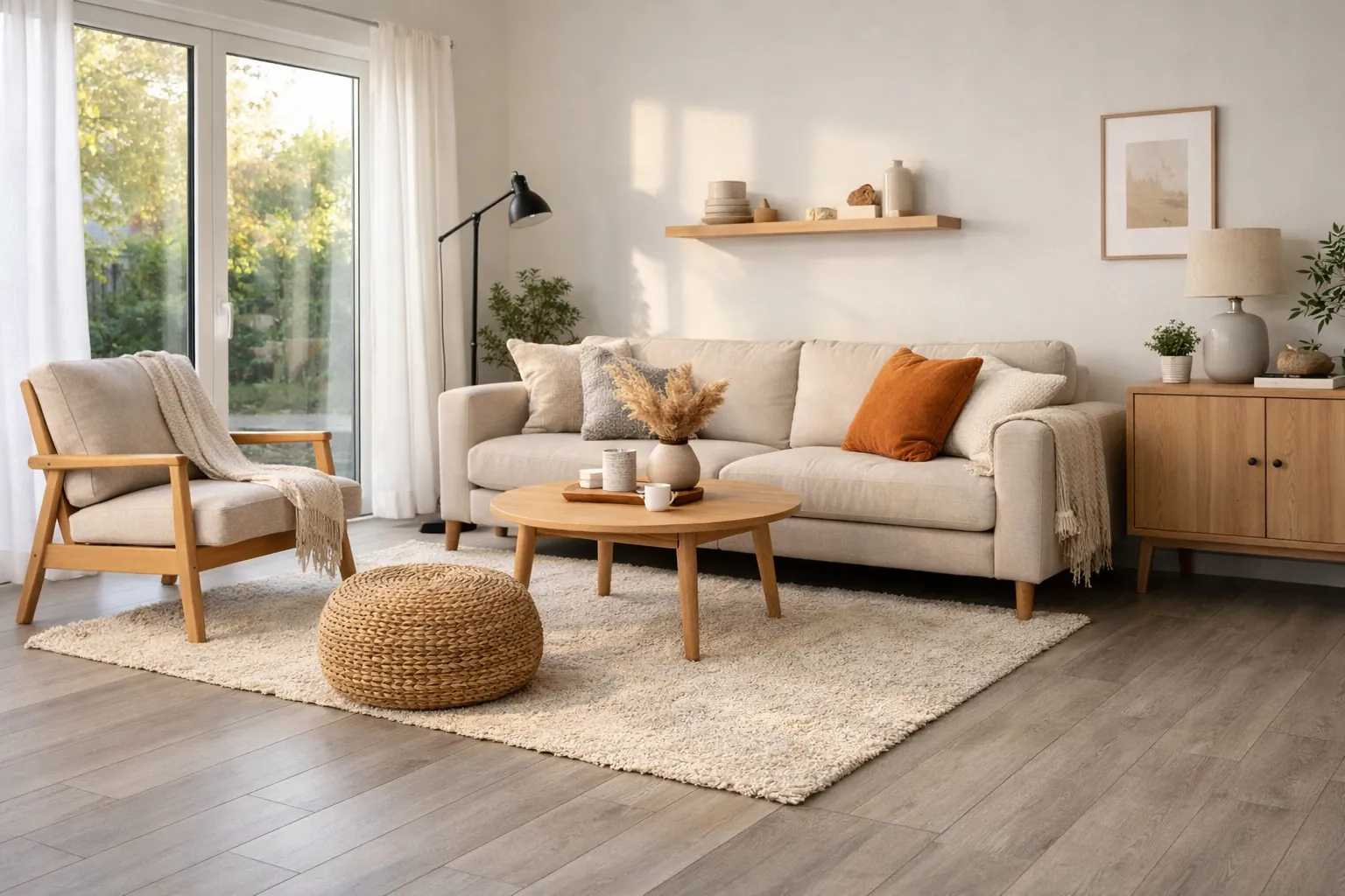 Modernes skandinavisches Wohnzimmer mit hellgrauem Vinyl Plankenboden, großem Fenster und warmem Tageslicht, beiges Sofa und minimalistisches Interior.