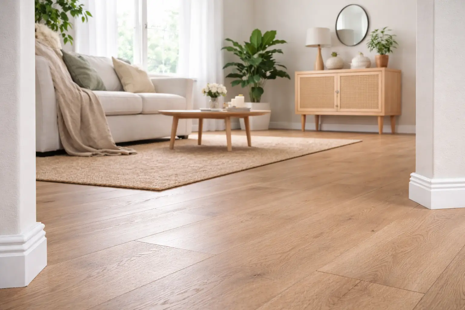 Helles Wohnzimmer mit hochwertigen weißen Sockelleisten und Holzboden
