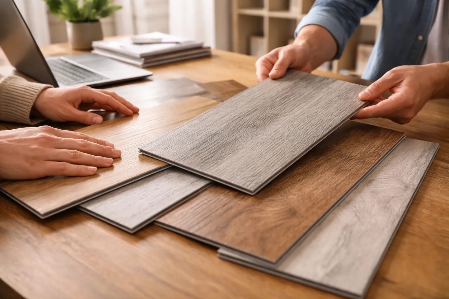 Mehrere Vinylboden Musterplanken liegen auf einem Holztisch, Hände prüfen die Oberfläche und Struktur bei warmem Tageslicht in einem modernen Showroom.