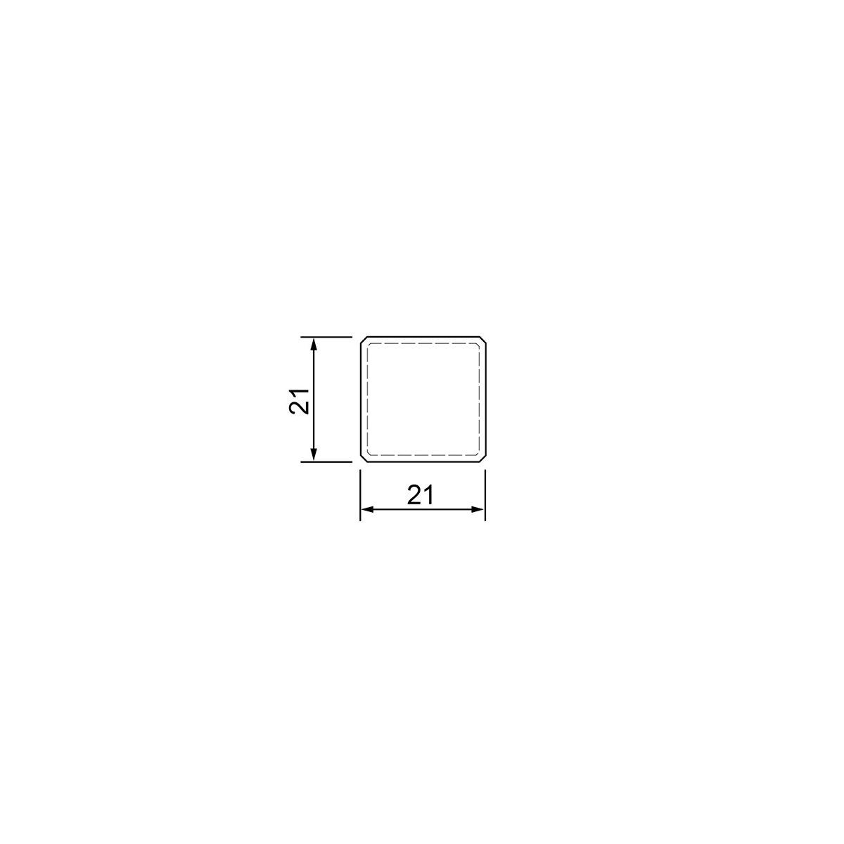 Technische Zeichnung einer quadratischen Platte mit den Maßen 21x21 cm